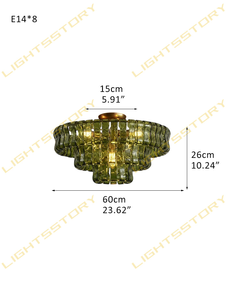 Brina Ghiaccio Murano Glass Smoked Green Cascade Ceiling Light - Textured Glass, Semi Flush Mount - Living Rooms & Dining Rooms.