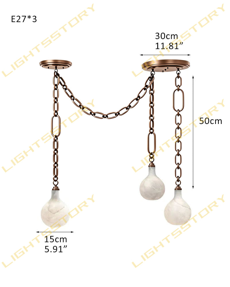 Alabaster Teardrop Orb Chain Draped Dual Canopy Cluster Pendant Light - Natural Spanish Alabaster, Custom, Matte Chrome Finishes - Kitchens, Dining & Living Rooms