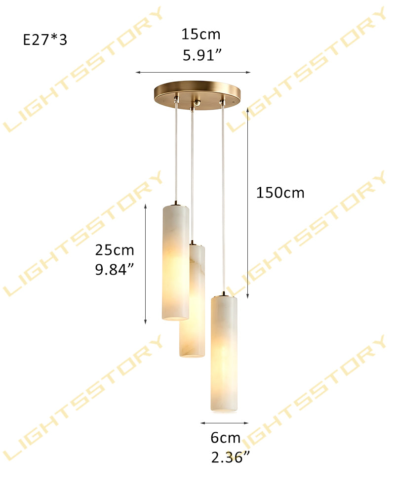 Alabaster Cylinder Rod Cluster Pendant Light - Natural Spanish Alabaster Rods, Serene Black Trim - Kitchens, Dining & Living Rooms