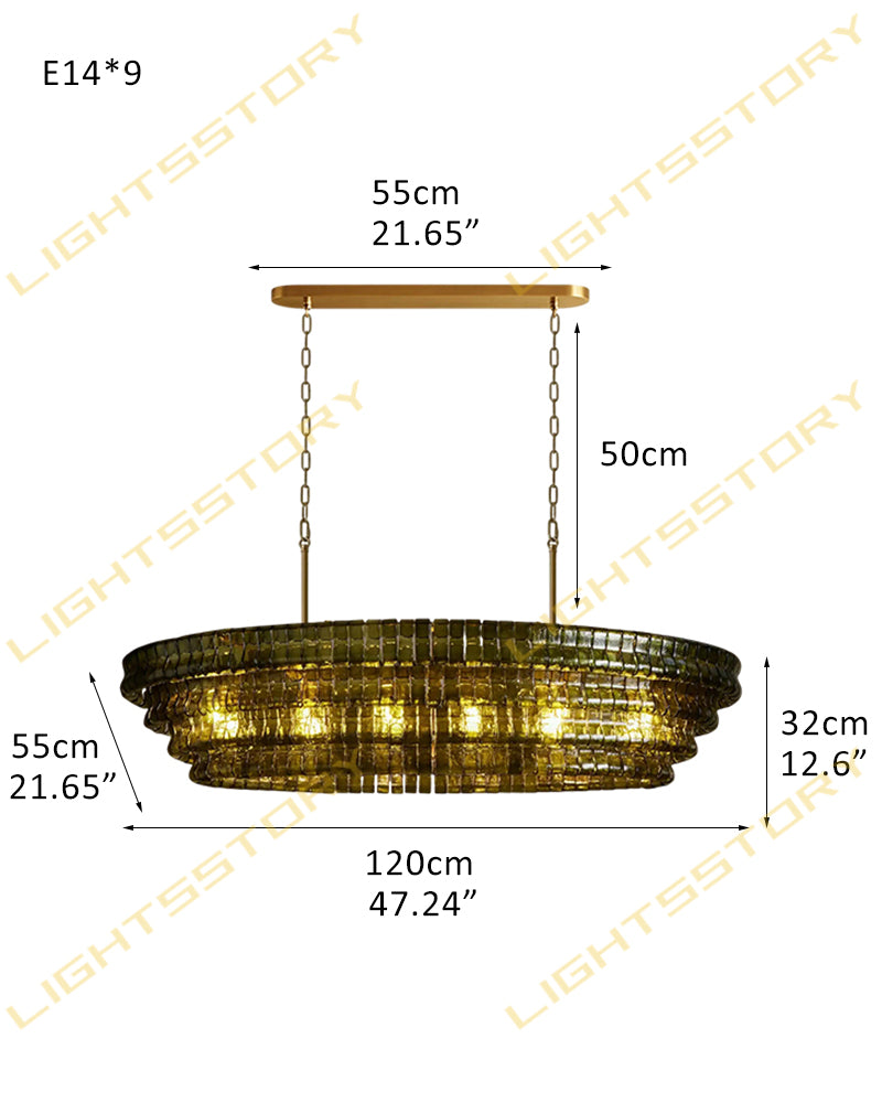 Brina Ghiaccio Smoked Green Murano Glass Oval Linear Chandelier - Textured Ice Glass, Lux Gold Trim - Kitchen Islands & Dining Rooms