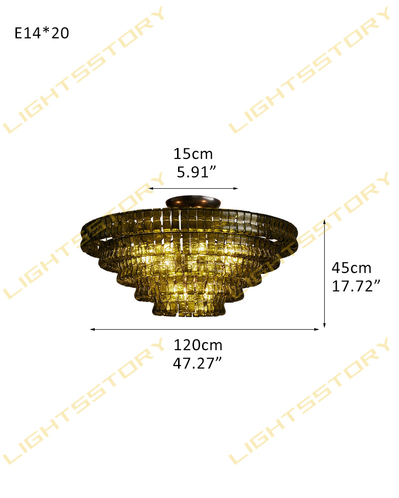 Brina Ghiaccio Murano Glass Smoked Green Cascade Ceiling Light - Textured Glass, Semi Flush Mount - Living Rooms & Dining Rooms.