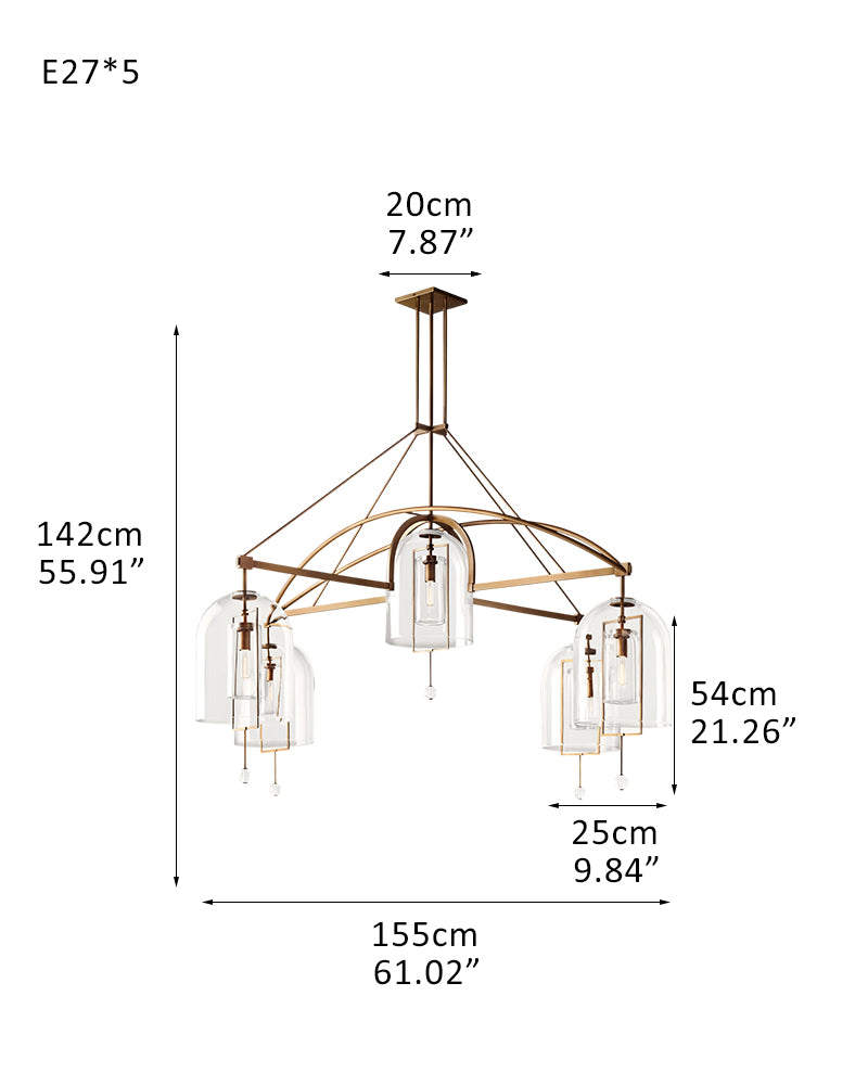 5-Light Round Chandelier 56'' in Brass Finish Hardware with Clear Blown Glass