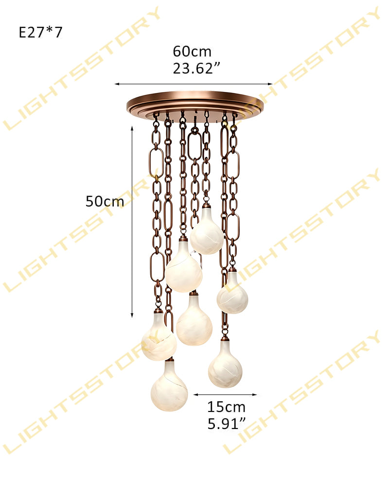 Alabaster Teardrop Orb Chain Draped Dual Canopy Cluster Pendant Light - Natural Spanish Alabaster, Custom, Matte Chrome Finishes - Kitchens, Dining & Living Rooms