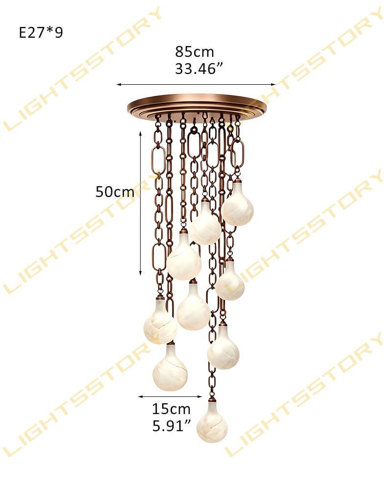 Alabaster Teardrop Orb Chain Draped Dual Canopy Cluster Pendant Light - Natural Spanish Alabaster, Custom, Matte Chrome Finishes - Kitchens, Dining & Living Rooms