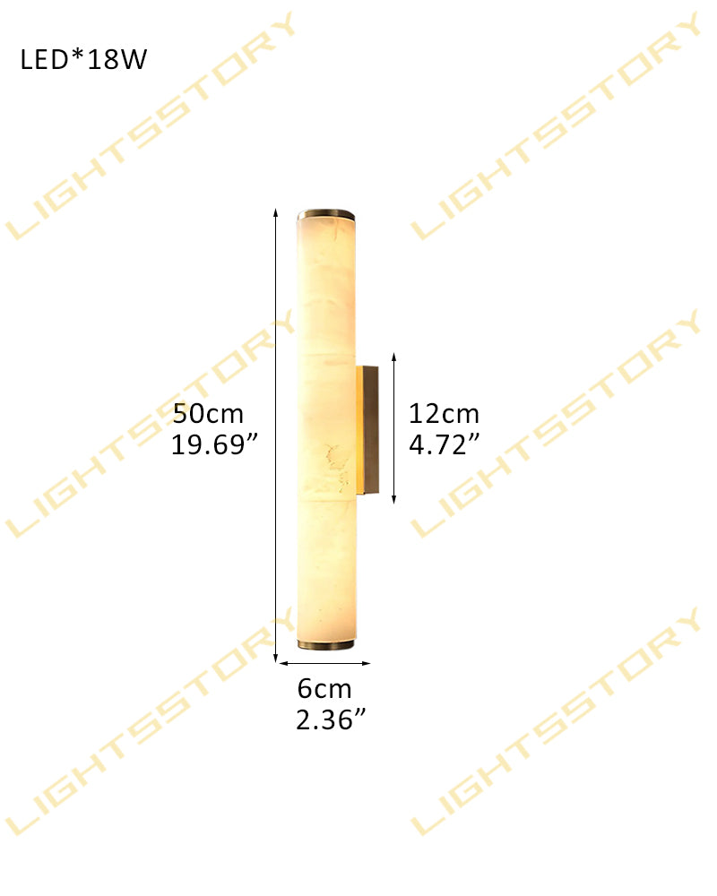 LED Copper Cylindrical Natural Marble Alabaster Wall Sconce Lamp,H30/40/50/60CM D6*H50CM D2.36*H19.69" White + Brass Flush Mounted Wall Sconce Lamp