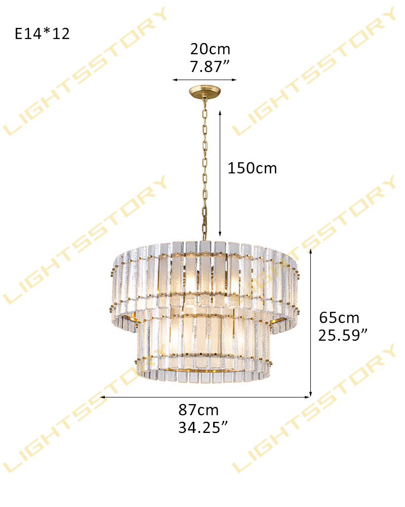 Solstice Aura Ghiaccio Glass Double Tier Drum Chandelier - Lux Gold Trim - Foyers, Dining Rooms & Living Rooms