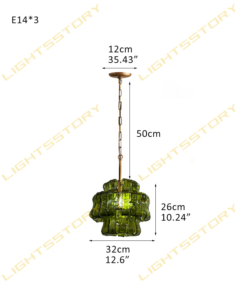 Brina Ghiaccio Murano Smoked Green Glass Lantern Drum Pendant Light - Textured Ice Glass, Lux Gold Trim - Kitchens, Dining Rooms & Living Rooms
