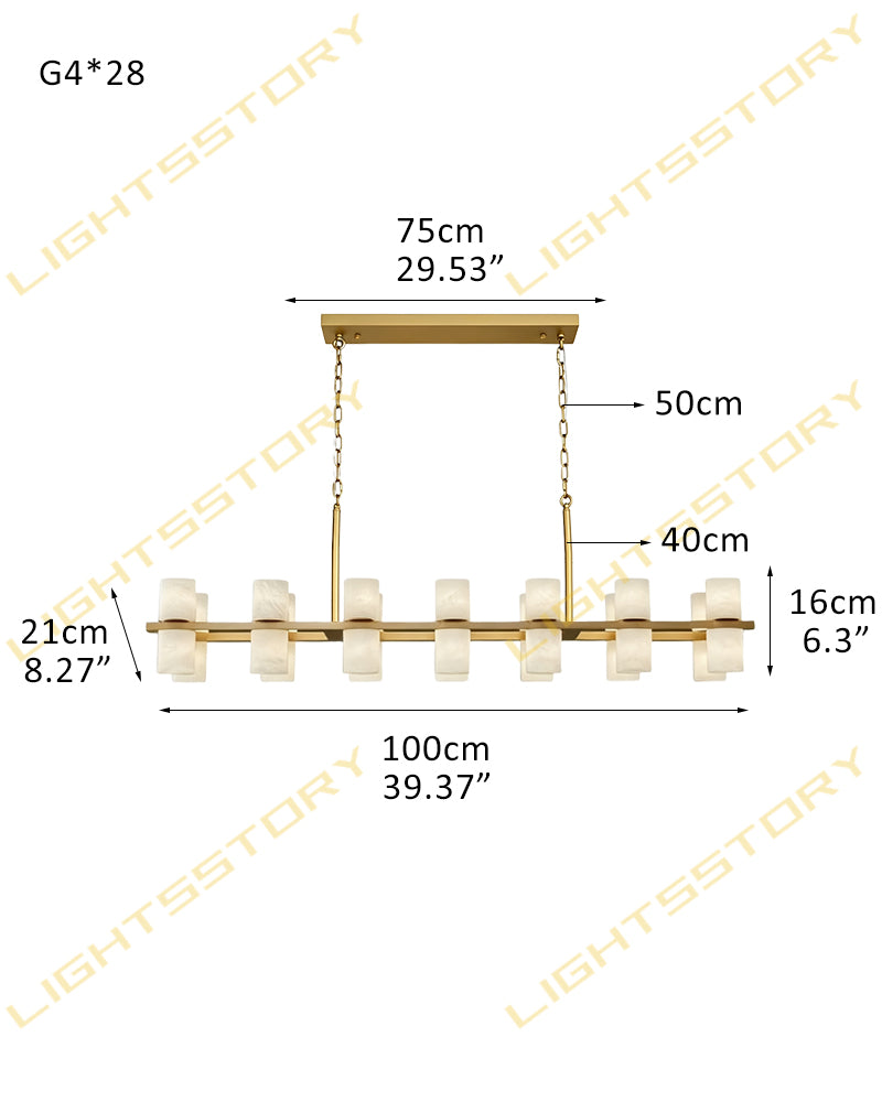 Alabaster Dual Cylinder Candle Column Linear Chandelier - Natural Spanish Alabaster, Heritage Brass Trim - Kitchen Islands & Dining Rooms
