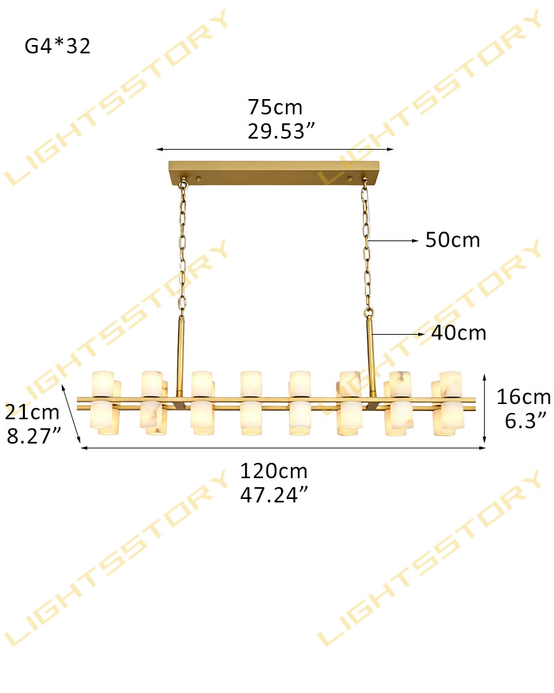 Alabaster Dual Cylinder Candle Column Linear Chandelier - Natural Spanish Alabaster, Heritage Brass Trim - Kitchen Islands & Dining Rooms