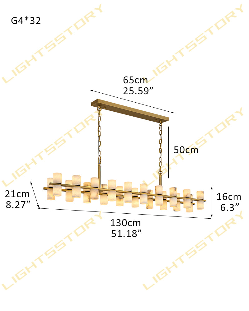 Alabaster Dual Cylinder Candle Column Linear Chandelier - Natural Spanish Alabaster, Heritage Brass Trim - Kitchen Islands & Dining Rooms