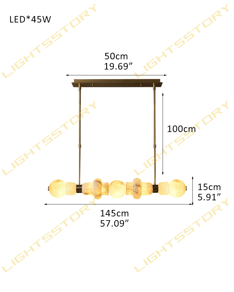 A dimension diagram of a modern linear LED pendant light fixture with multiple spherical glass shades, showing measurements of 145cm length, 100cm drop height, and 50cm canopy width, with 'LIGHTSSTORY' watermarks across the image.