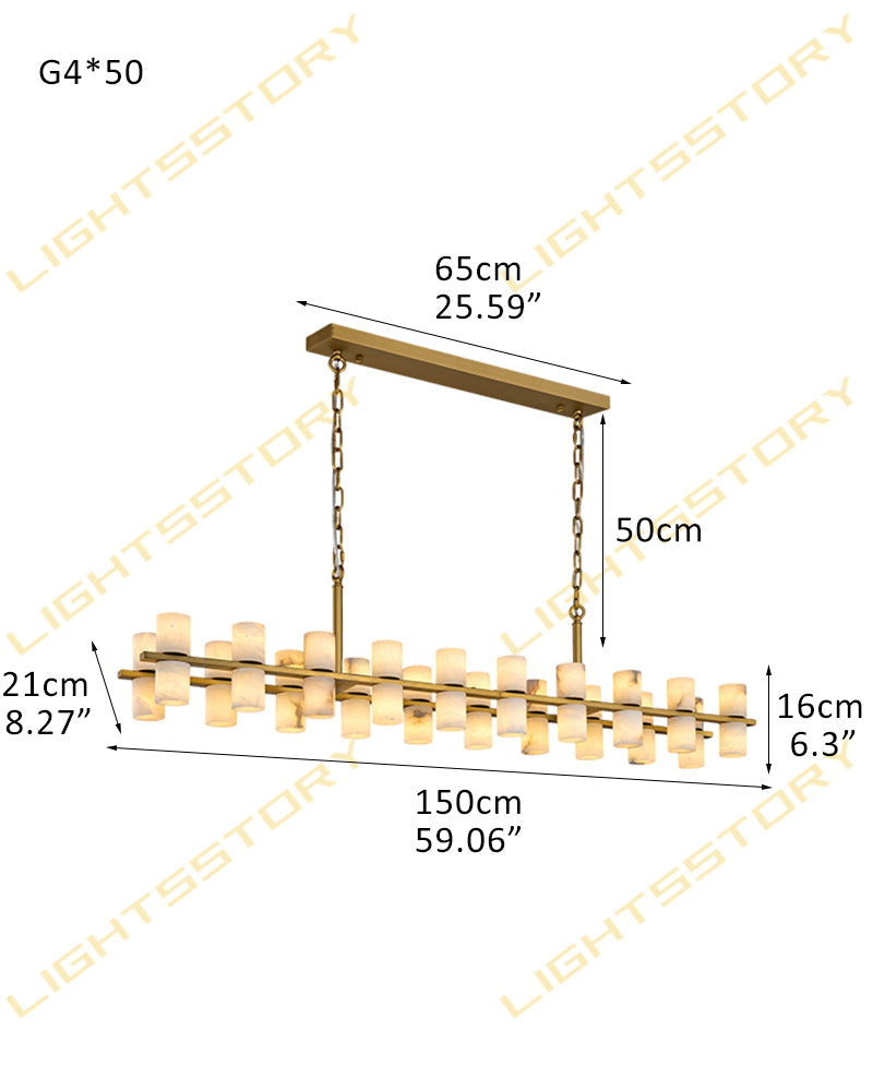 Alabaster Dual Cylinder Candle Column Linear Chandelier - Natural Spanish Alabaster, Heritage Brass Trim - Kitchen Islands & Dining Rooms