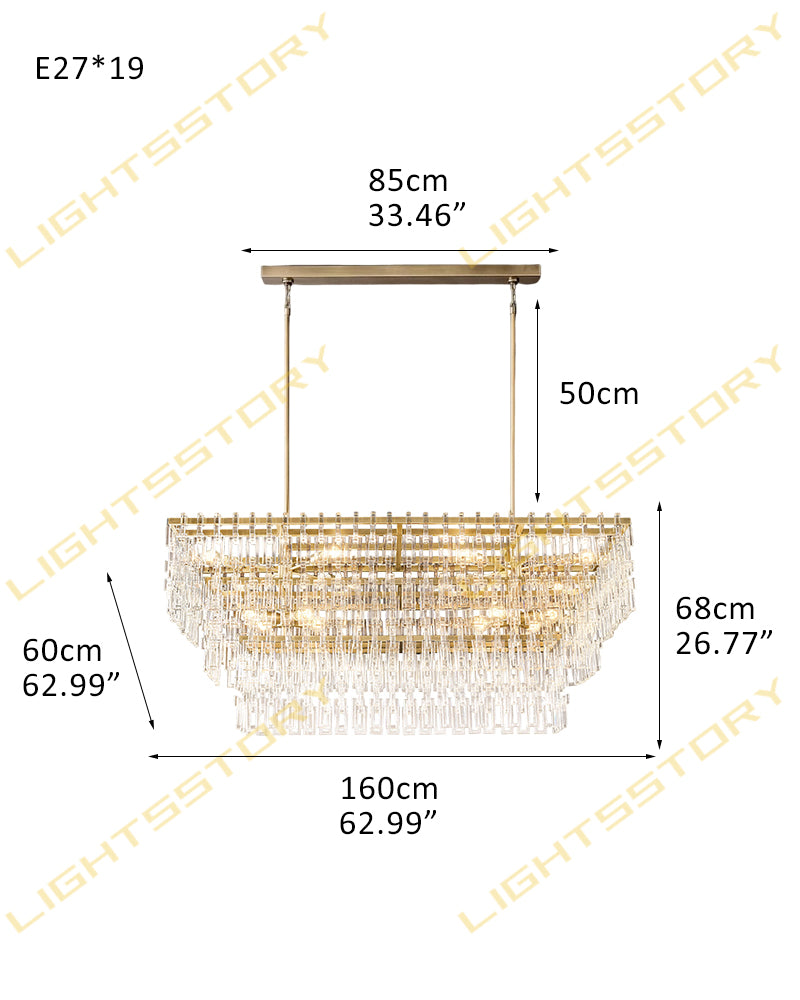 K9 Crystal Multi Tiered Concentric Glass Prism Linear Chandelier - Precision-Cut Crystal, Lux Gold Trim - Kitchen Islands & Dining Rooms