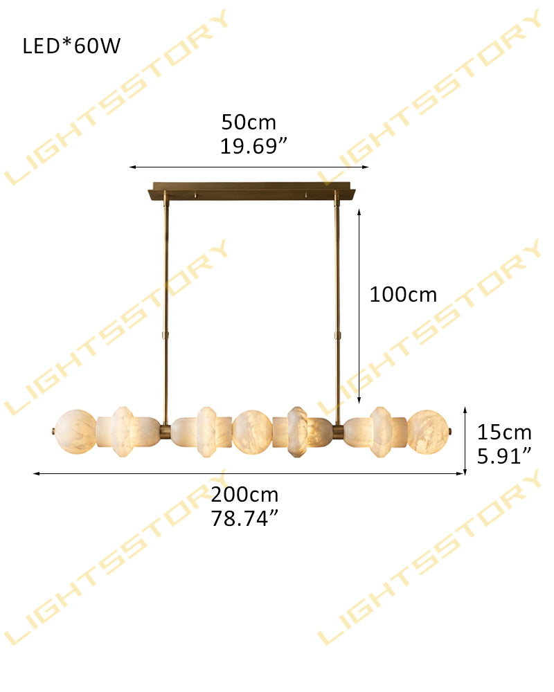 A dimension diagram of a modern linear LED pendant light with textured glass globes, showing measurements of 200cm length, 100cm hanging height, 50cm canopy width, and 15cm globe depth.