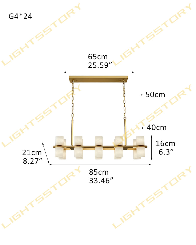 Alabaster Dual Cylinder Candle Column Linear Chandelier - Natural Spanish Alabaster, Heritage Brass Trim - Kitchen Islands & Dining Rooms