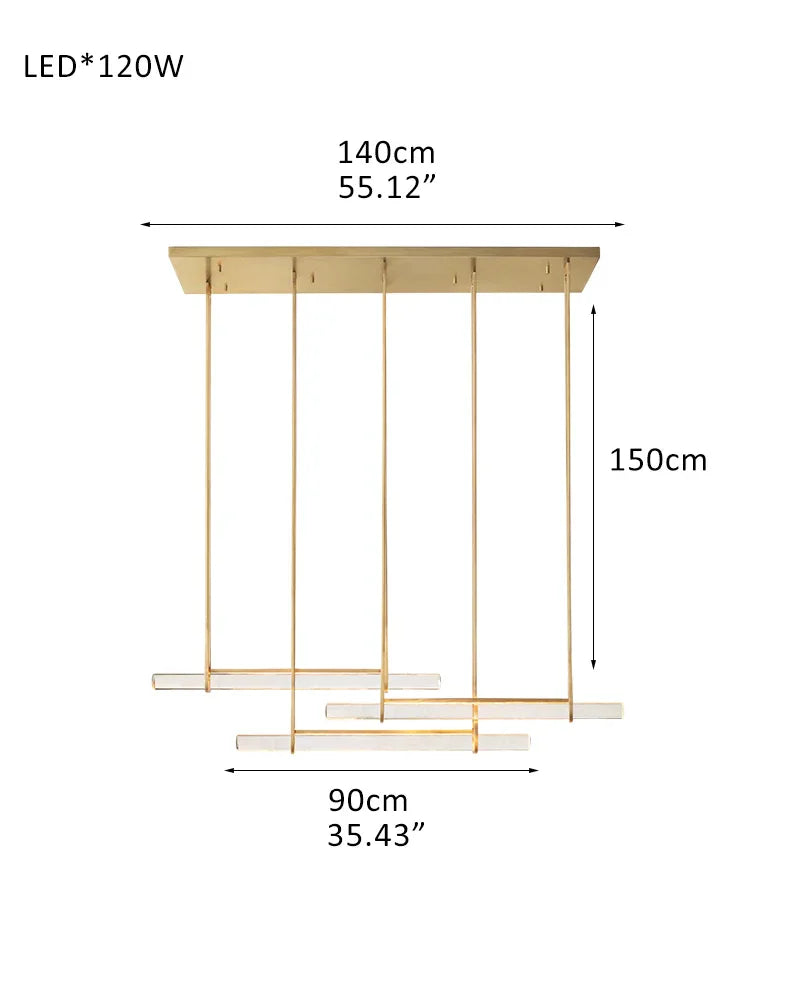 Valence Series Architectural Linear Chandelier | Triple Bar Prism Meticulously crafted clear prisms with vertical brass drops, Lacquered Burnished Brass and Black for Dining Rooms and Kitchen Islands Triple-L90CM L35" Brass American chandelier