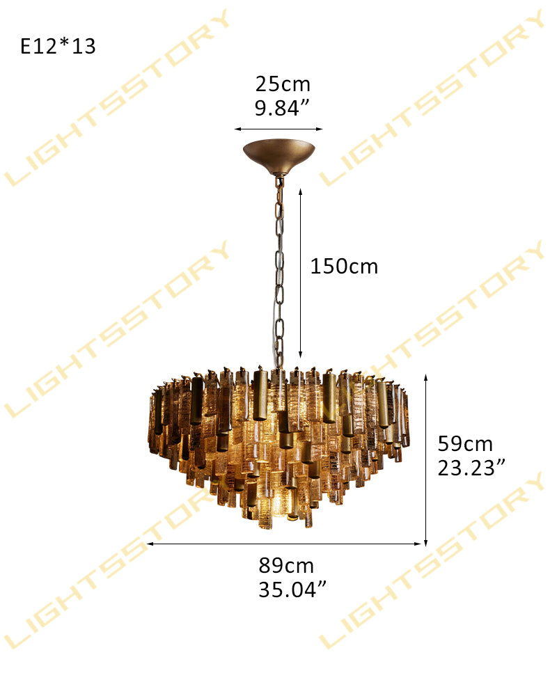 Brass multi-tier crystal prism chandelier diagram with dimensions and 150cm chain height