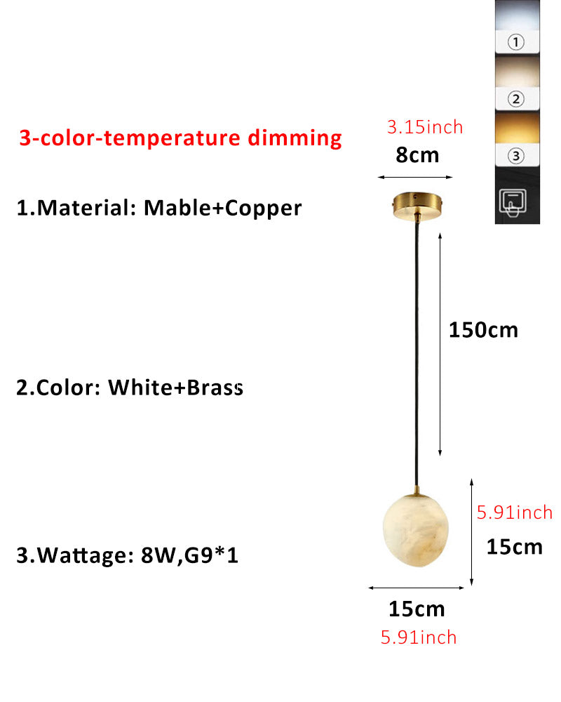 G9 Nature Alabaster Mable Pebble Pendant Light Mini Sizes with copper metal by 3 colors dimming