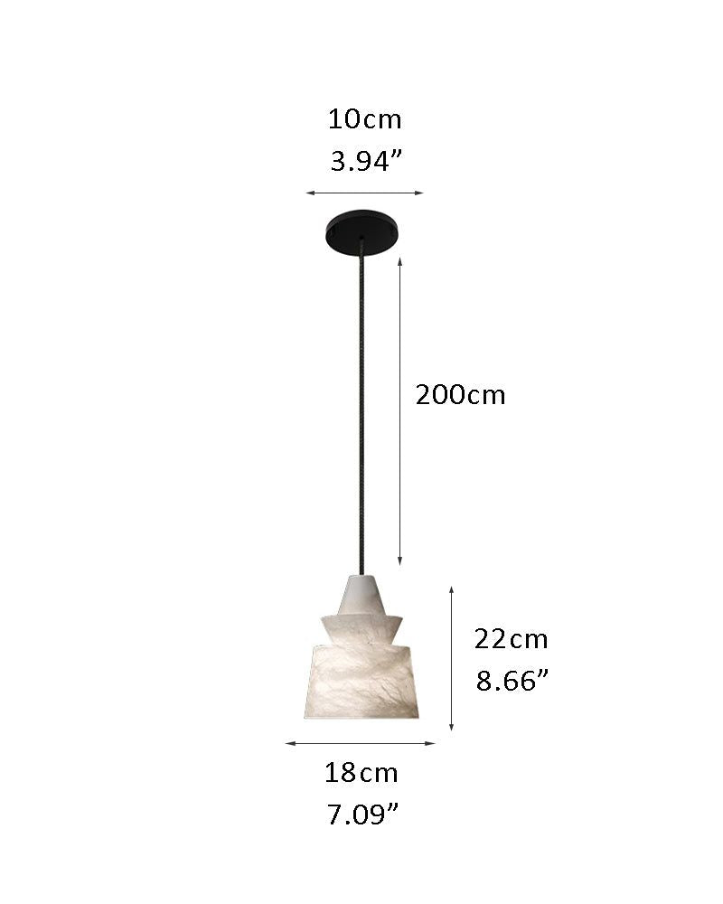 Dimensions of LED alabaster pendant lamp: 10cm width, 18cm height, 22cm drop.