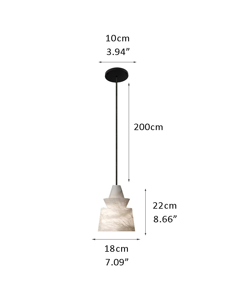 Dimensions of LED alabaster pendant lamp: 10cm width, 18cm height, 22cm drop.