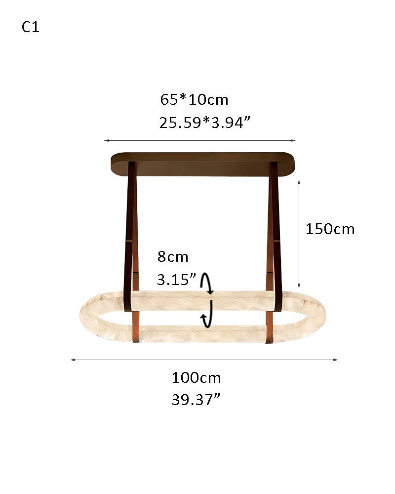 Dimensions of rectangle alabaster LED pendant lamp: 65x10cm top, 100cm diameter