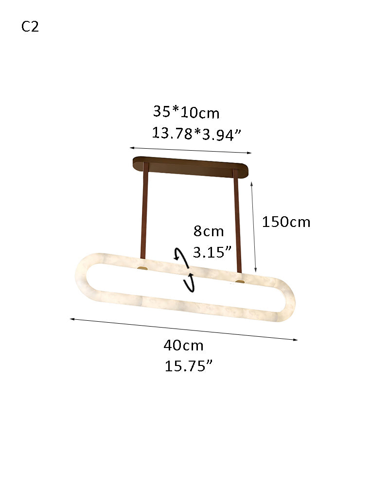 Dimensions of rectangular alabaster LED pendant lamp: 35x10cm, height 150cm with leather straps.