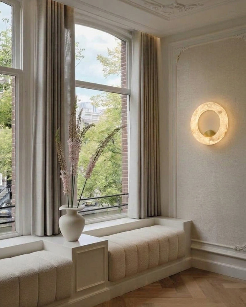 Alabaster Halo O'Ring Wall Light Sconce - Natural Spanish Alabaster Halo Disc O'Rings, Lux Gold Wall Mount - Bedrooms, Hallways & Bathrooms