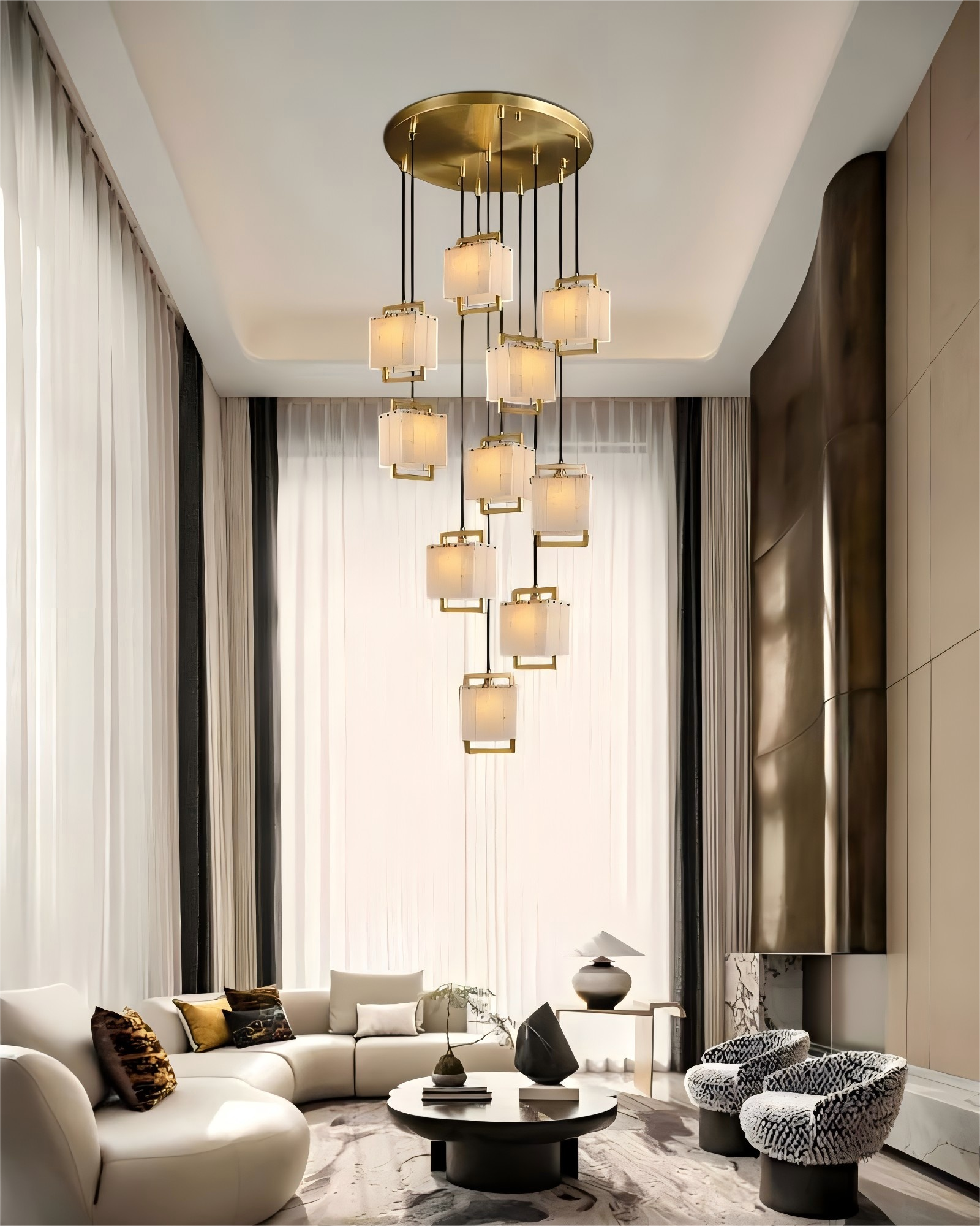 Cluster of rubbed brass and alabaster pendant lights in modern living room