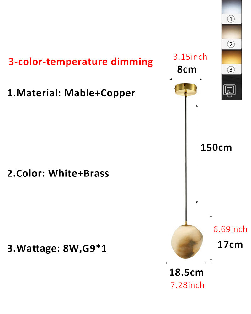 G9 Nature Alabaster Mable Pebble Pendant Light Mini Sizes with copper metal by 3 colors dimming