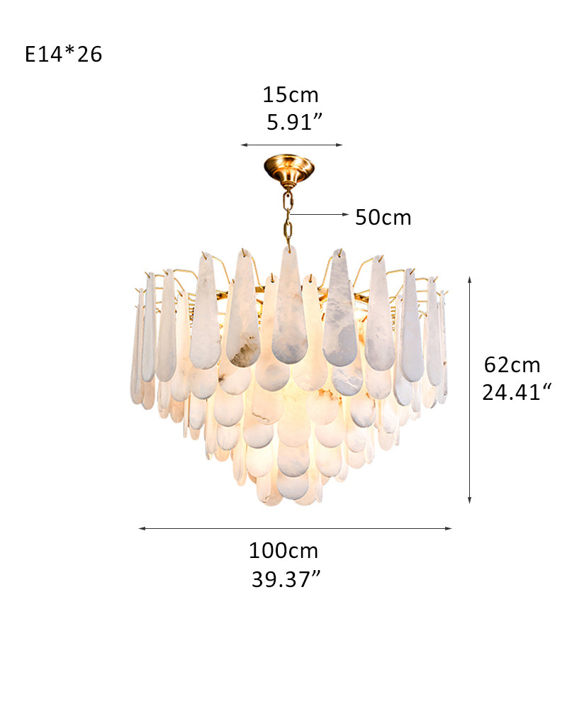 21.7-inch raindrop chandelier with alabaster shades and gold finish, perfect for modern interiors.