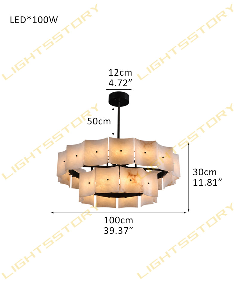 Alabaster Studded Curved Panel Double Tier Drum Chandelier - Natural Spanish Alabaster,  Serene Black Trim - Kitchen, Dining Rooms & Living Rooms