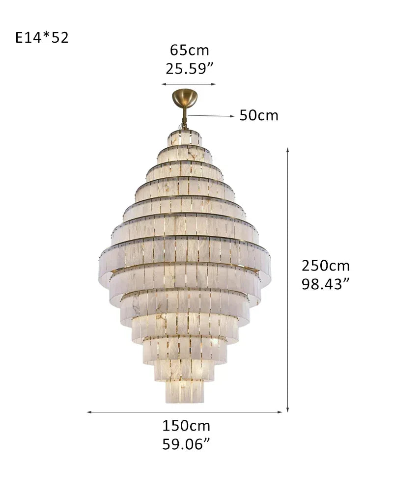 LightsStory Series Geometric Chandelier | Multi-Tier Snowflake Natural Gypsum Alabaster, Black Framework for High Ceilings and Spacious Entrances 52-light-L150*H250CM L59.06"*H98.43" White + Brass Luxury Modern Chandelier