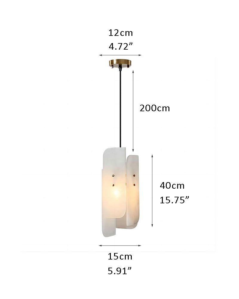 Alabaster pendant lamp dimensions: 12cm width, 40cm height, 200cm drop.