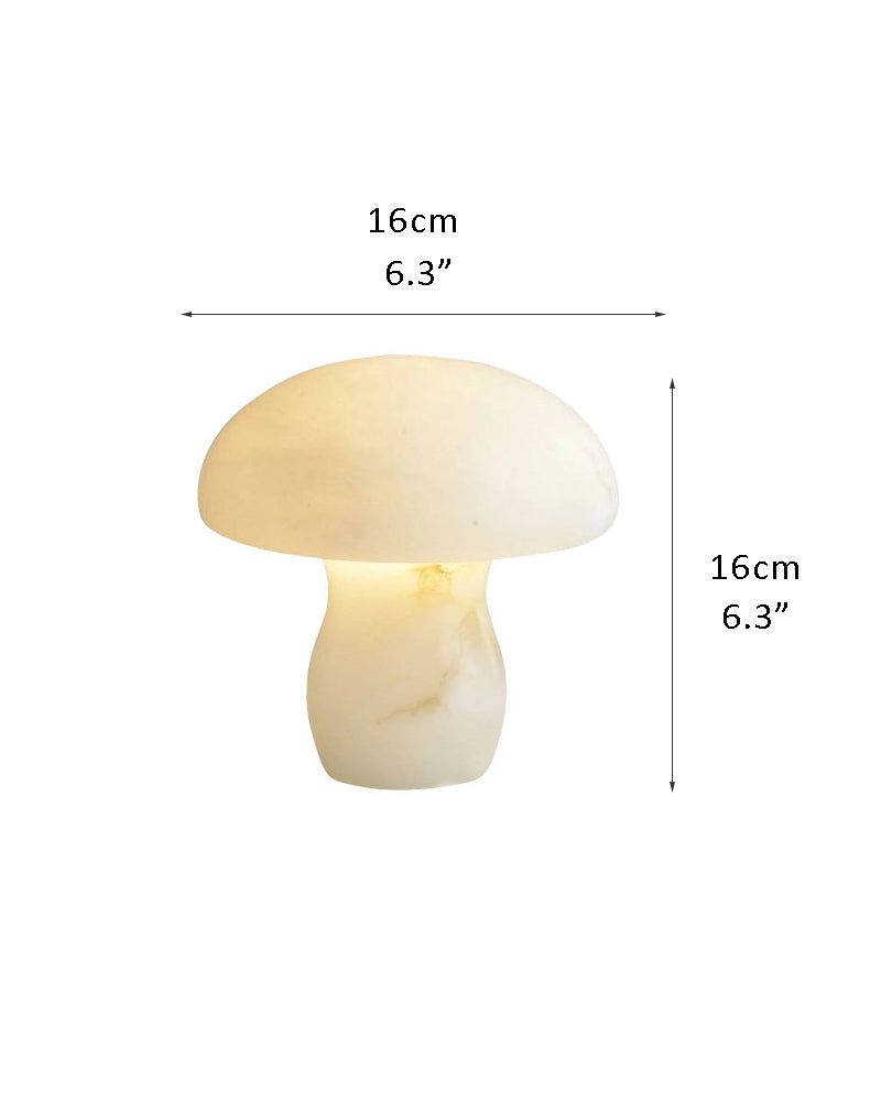 White mushroom lamp dimensions 16cm, softly glowing in a cozy interior setting.