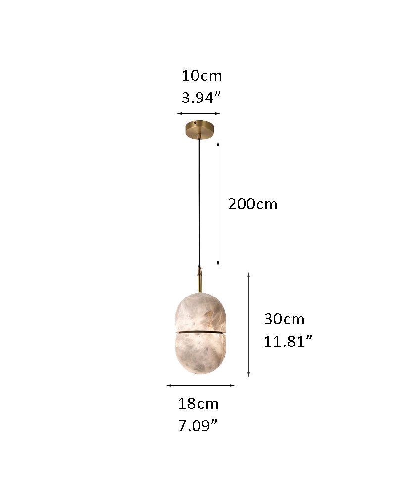Dimensions of minimalist alabaster pendant light: 10cm width, 200cm height.