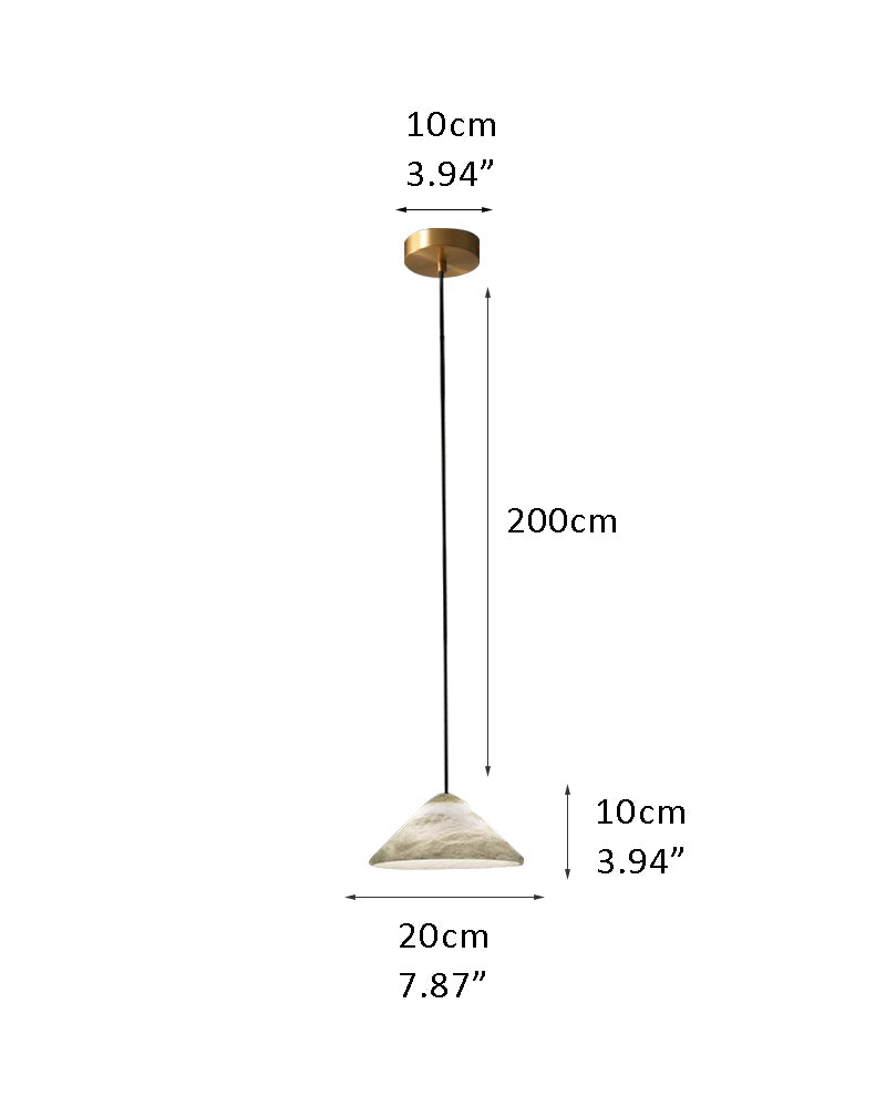 LED alabaster pendant lamp with conical shade and dimensions for stylish interior lighting.