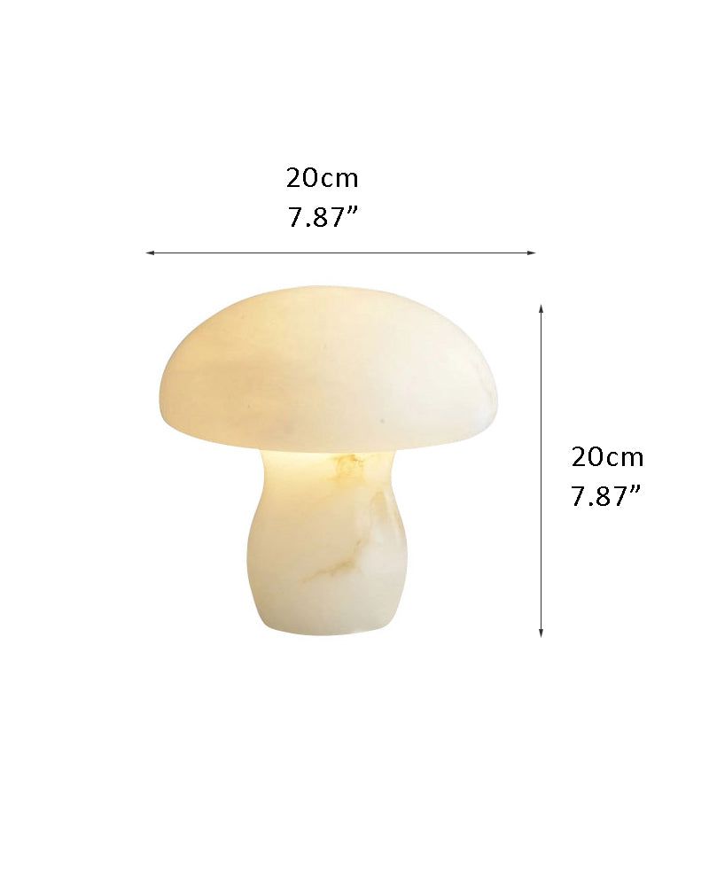 Mushroom lamp dimensions 20cm, softly glowing in cozy bedroom setting.