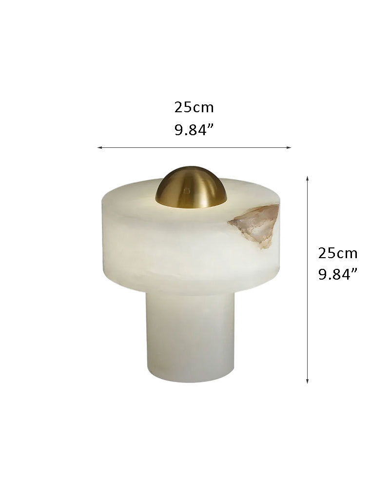 Modern white alabaster table lamp with brass accent, dimensions 25cm x 25cm.