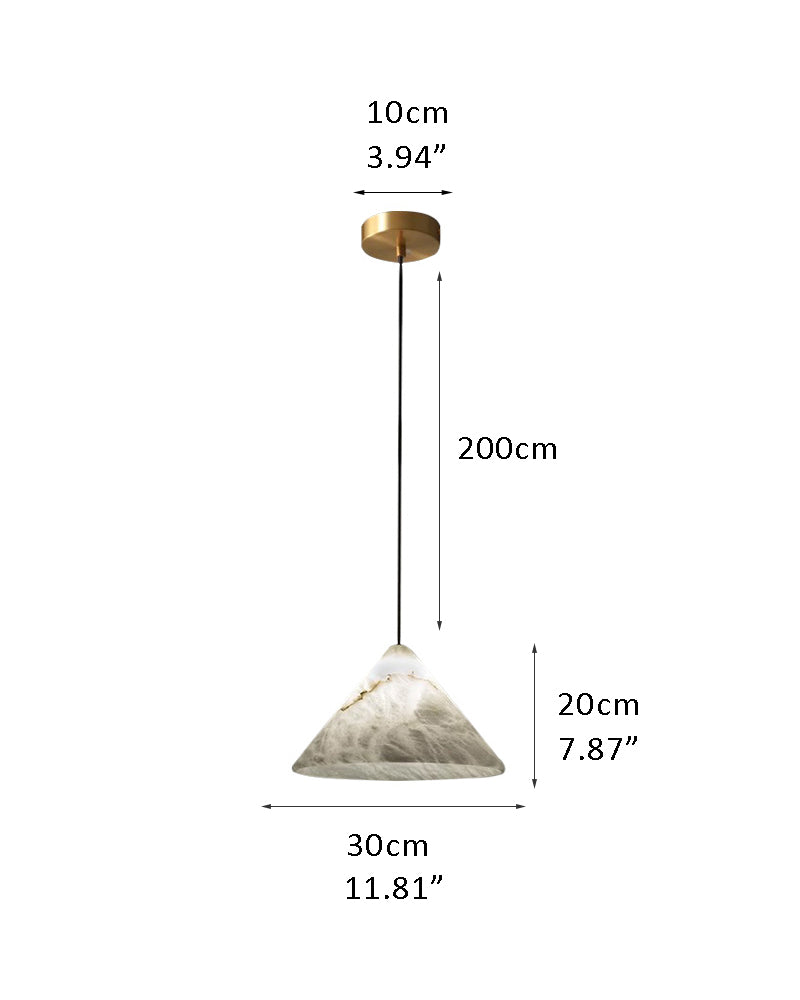 LED alabaster pendant lamp with conical shade and dimensions for modern interiors.