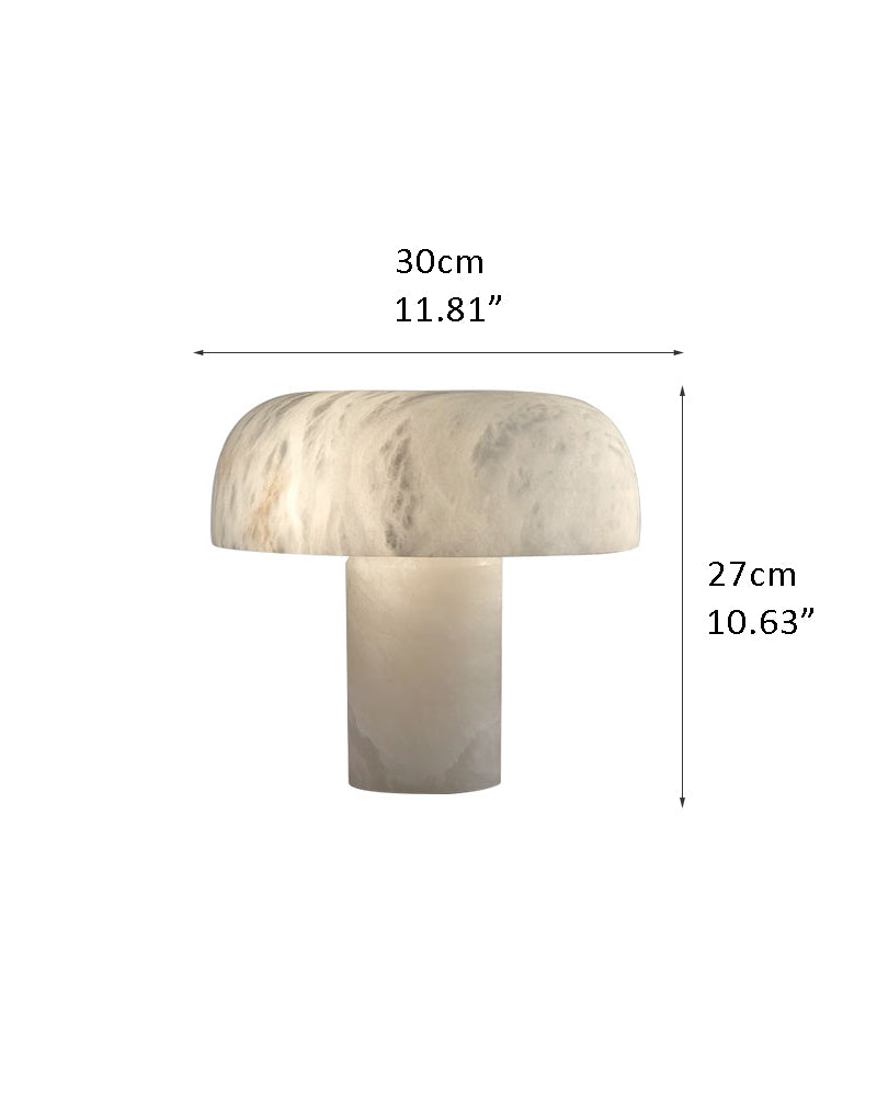 Rounded white marble table lamp measuring 30cm diameter, 25cm height in modern decor.