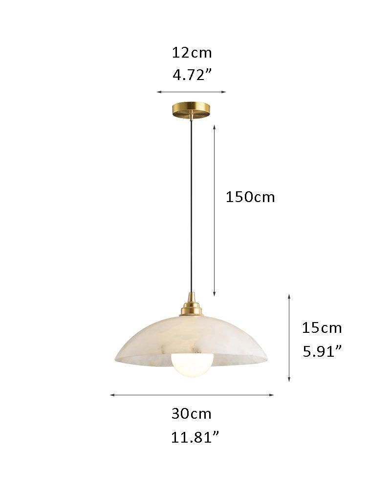 Natural stone pendant lamp with brass accents, measuring 30cm wide and 15cm tall.