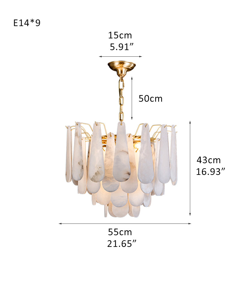 Dimensions of 21.7-inch tiered raindrop chandelier with alabaster and gold finish