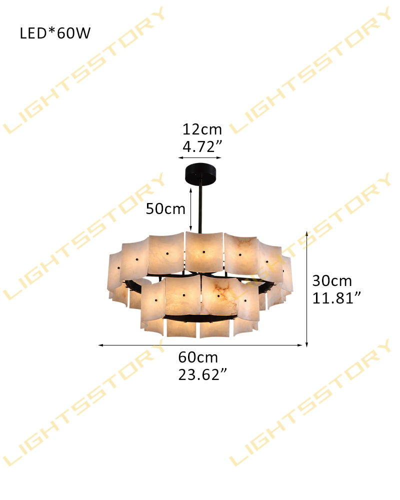 Alabaster Studded Curved Panel Double Tier Drum Chandelier - Natural Spanish Alabaster,  Serene Black Trim - Kitchen, Dining Rooms & Living Rooms