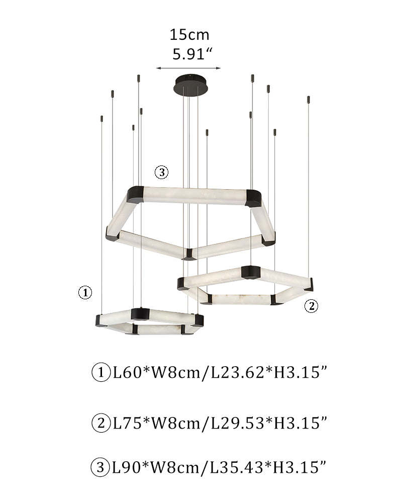 Black Stainless String Alabaster Double Pentagons Ring Chandelier Lamp,106W