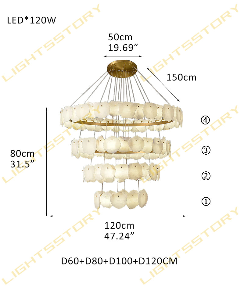 Alabaster Stairwell Chandelier. Modern High Ceiling Statement Light. 4 Tier-D60+D80+D100+D120CM White + Gold American Vintage chandelier lamp