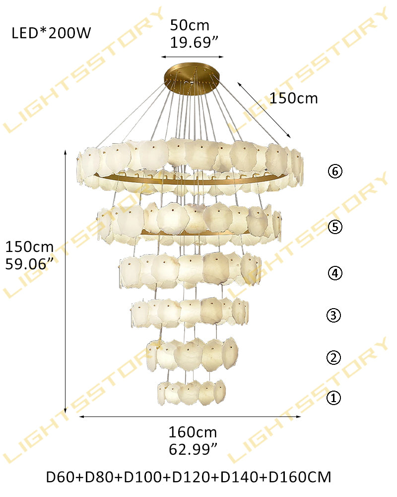 Alabaster Stairwell Chandelier. Modern High Ceiling Statement Light. 6 Tier-D60+D80+D100+D120+D140+D160CM White + Gold American Vintage chandelier lamp