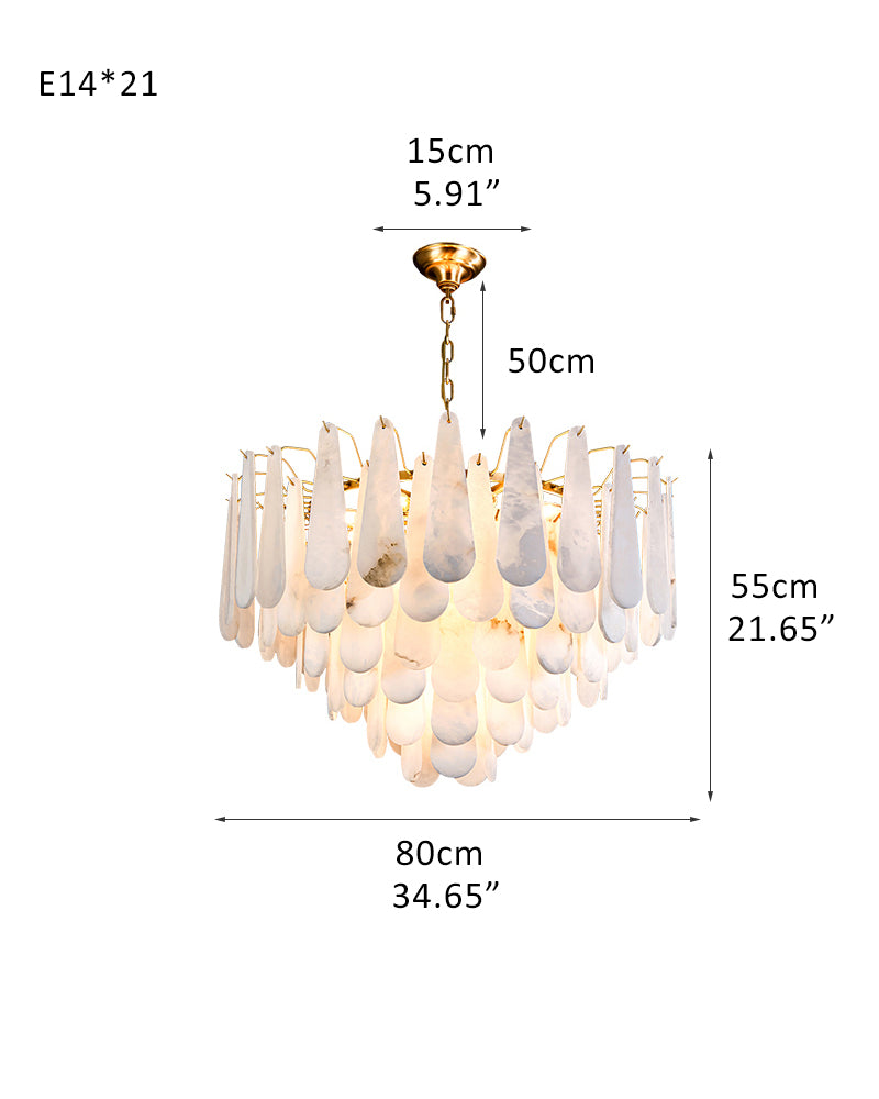 Dimensions of 21.7-inch tiered raindrop chandelier with alabaster shades.