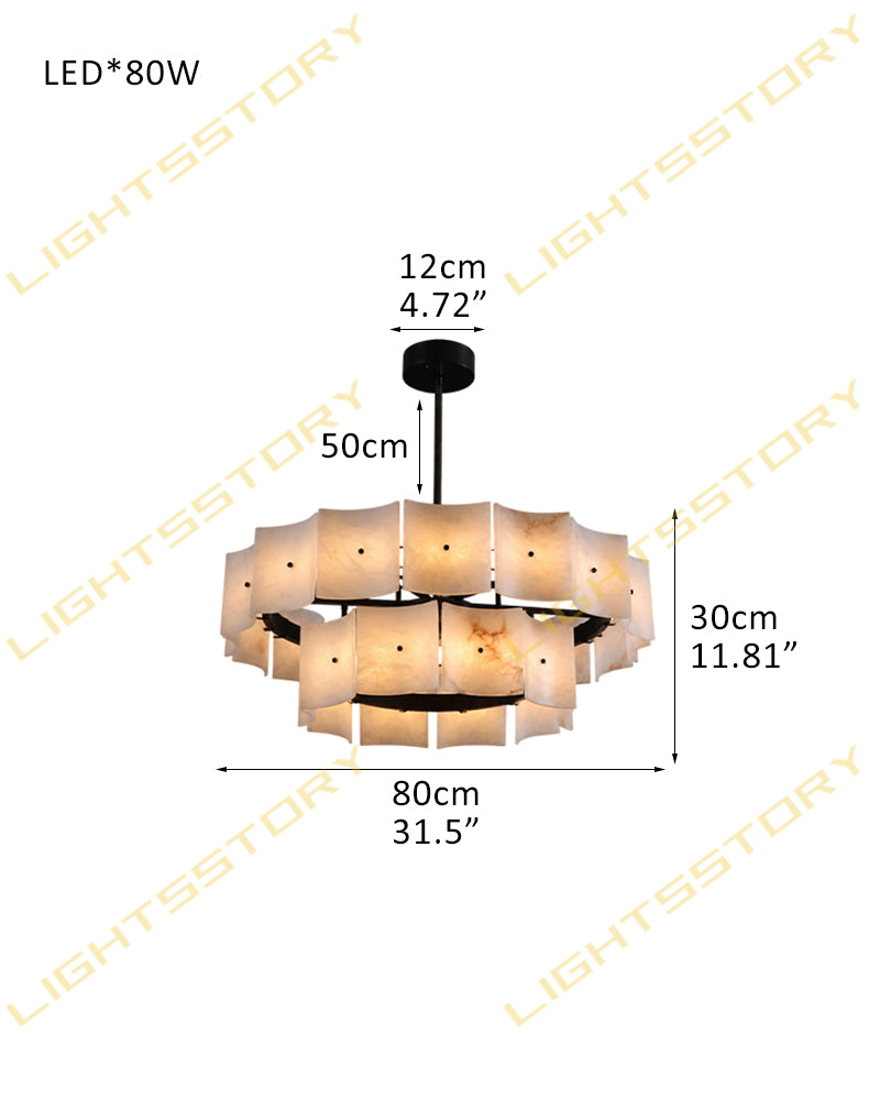 Alabaster Studded Curved Panel Double Tier Drum Chandelier - Natural Spanish Alabaster,  Serene Black Trim - Kitchen, Dining Rooms & Living Rooms