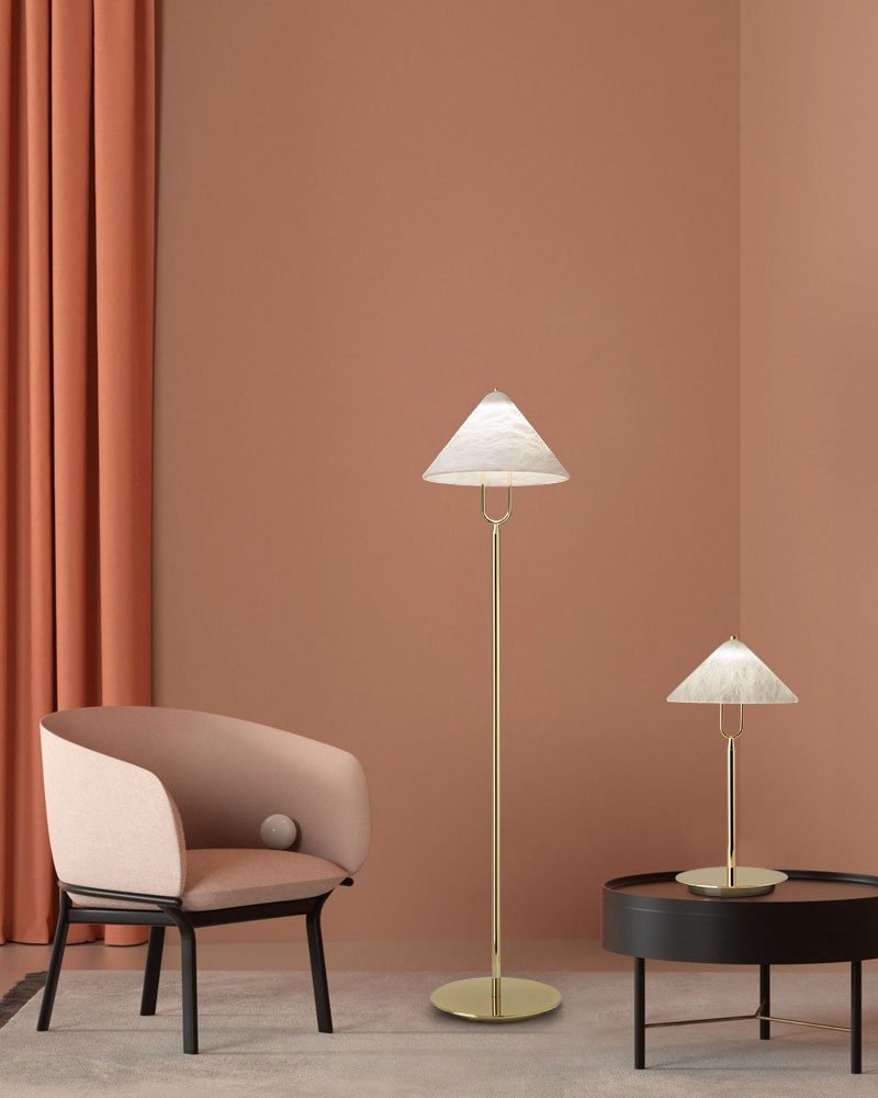 Designer alabaster floor lamp and table lamp in modern interior design
