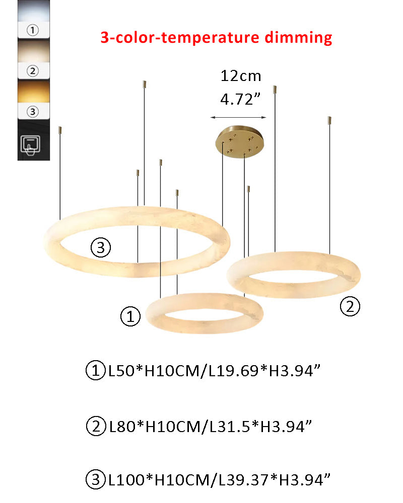 Alabaster Torus Double Ring LED Pendant Light by 3-color-temperature dimming with thickness 10cm